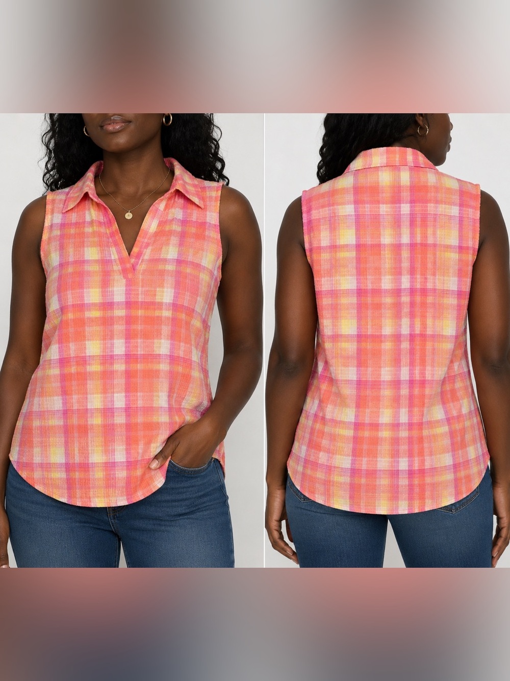 Nick & Sarah Women’s Large Pink Orange Plaid Sleeveless Collared Blouse